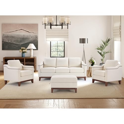 Image of HAOMARKETS 4 Piece Chenille Sofa Set with Nailhead Trim, Included Upholstered Accent Chair Set of 2 with Thicked Cushion, 3 Seater Couch and Storage Ottoman with Flip-Top Table for Living Room, Beige