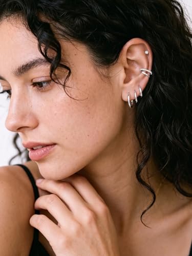 Image of ChicSilver 925 Sterling Silver Huggie Hoop Earrings Small Hoop Earrings for Women Hypoallergenic Silver Huggie Earring Cartilage Earrings for Women (6 /8 /10 /12 /14 /16 /18 /20MM)
