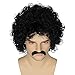 Miss U Hair Jerry Curl Wig Mens Short Black Curly Wig With Mustache 70s Rocker Mullet Halloween Costume