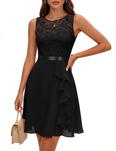 Image of BeryLove Womens Boat Neck A Line Sleeveless Lace Formal Homecoming Dress | Short Dress With Ruffle Hem, Sparkly Design Ideal For Wedding Guest,Bridesmaid Cocktail Prom & Evening Party Events