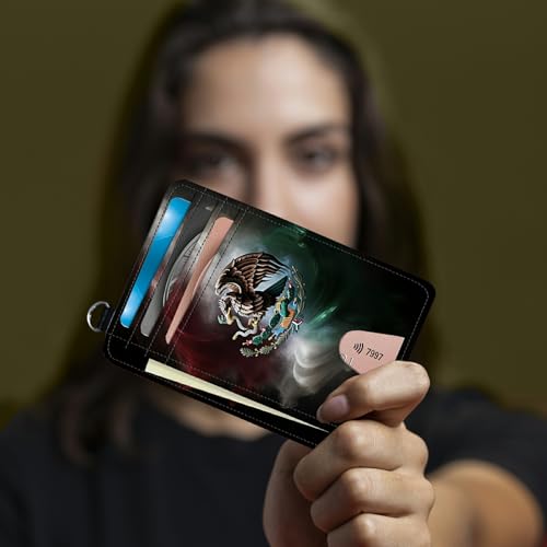 Image of Small Travel Wallets, Mexico Flag Slim Minimalist Front Pocket Wallet with Wristlet, RFID Blocking PU Leather Credit Card Holder with ID Window Change Purse for Men Women
