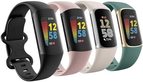 4 Pack Waterproof Bands Fit for Fitbit Charge 5 / Fitbit Charge 6 Bands for Women Men, Classic Soft Sports Replacement Wristbands for Women Men (Black/Pink/Starlight/Green, Large 7.1''-9.1'')