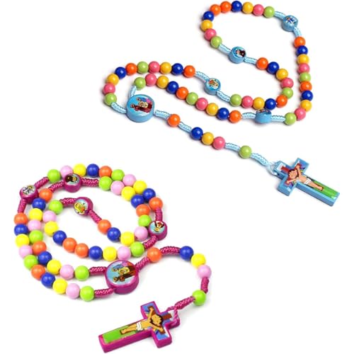 VURYAPI 2 Piezas Juego de cuentas de rosario colorido para aprender a rezar, rosario infantil con bolsa de regalo de terciopelo para Navidad, Pascua y bautizos católicos