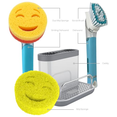 Image of The Original Smiling Sponge Handle Soap Dispensing Handle by Smilyeez for the Smiling Sponge with Smilyeez Caddy & Dishwand with 2 Scrub Brushes (Light Blue)