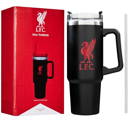 Get Trend Liverpool FC Insulated Tumbler 850ml Stainless Steel Water Bottle with Straw & Handle Cold for 12H Hot for 8H Travel Coffee Mug Football Gifts (Black Liverpool)