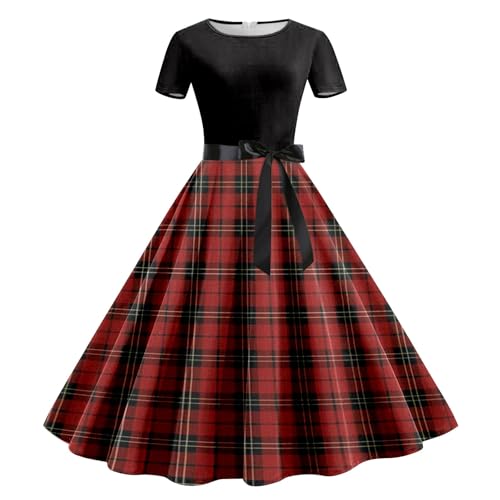 Damen Weihnachten Kleider Kurzarm Weihnachtskleid Vintage Hepburn Cocktailkleid Langarm Weihnachten Druck Partykleid A-Linie Swing Kleid Dress Slim...