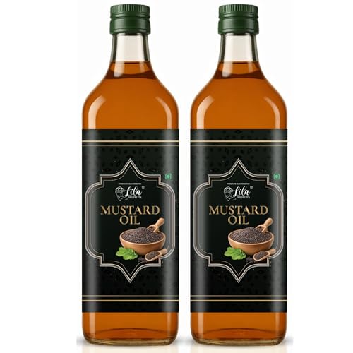 Image of LILA DRY FRUITS Mustard Oil for Cooking 1 Litre (500 ML x 2) Pure Seed Kachi Ghani Oil | Cold Pressed Cooking Oil for Frying & Pickles Sarson ka Tel Perfect for Daily Use, Chemical free Helps Manage Cholesterol