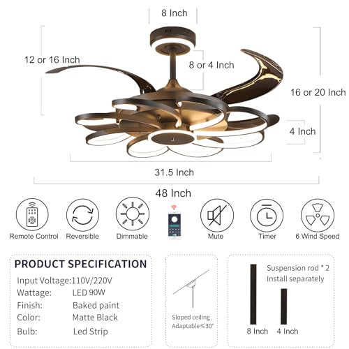 48" Fandelier Ceiling Fans with Lights,Black Modern Chandeliers Ceiling Fan with Remote and APP Control, 6 Speed and 3 Color Change, Low Profile Chandelier for Bedroom Living Room Dinning Room by LANGLITIAODENG - Image 2