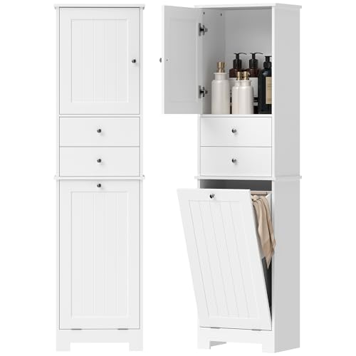 HOMCOM Mueble de baño Alto y Estrecho, Mueble de baño ahorraespacio con cesto para la Ropa Sucia abatible, Puertas con Cierre Suave, 2 cajones, para lavandería, Moderno, 45 x 30 x 171,3 cm, Blanco