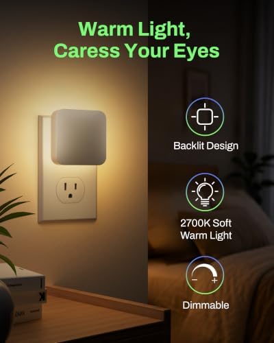 BN-LINK Backlit Motion Sensor Night Light Plug into Wall, 1-50 Lm Dimmable Night Light with Dusk to Dawn Sensor, Led Night Light Indoor, Warm White, for Bathroom, Hallway, Stair, Bedroom, 3 Pack - 1