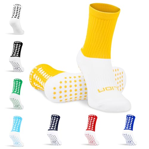 Lion Elite 2.0 Grip Socks – Non-Slip Football Socks with Dual Grip – Pairs with Sleeves, Adults & Kids Sizes - Yellow | Large