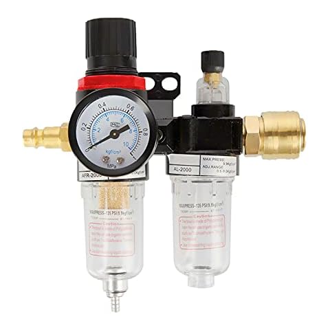 Air Filter Regulator 1/4" Oil and Moisture Filter Compressor Pressure Moisture Water Filter Trap, Oil Water Separator Trap with Lubricator, Brass Element, for Compressor and Air Tools Cover