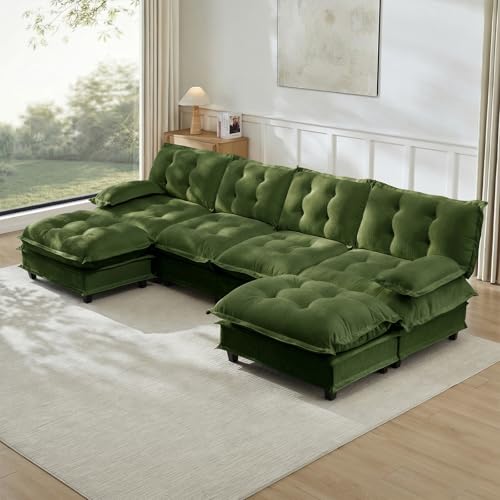Image of 138 inch U-Shaped Sectional Couches for Living Room, Green 4 Seater Modern Chenille Deep Seat Sofa Set, Salas para Casa, High Back Cloud Couch Modular Sectional Sets with 2 Ottoman