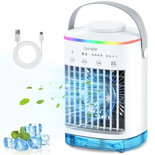 Joomouney Enfriador de aire portátil, enfriador de aire 3 en 1, mini aire acondicionado con 4 velocidades de viento, 7 luces de color, tanque de agua de 700 ml y temporizador de 2 a 8 horas