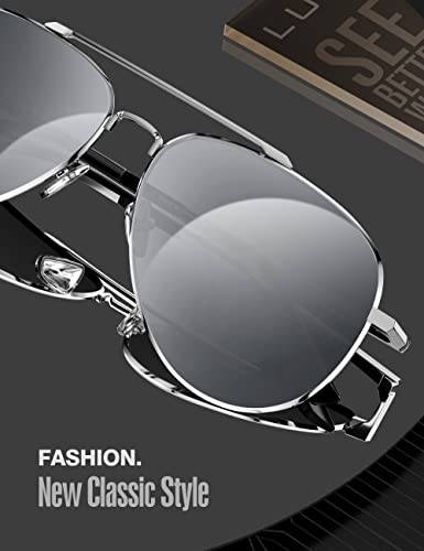Luenx Women Men Aviator Sunglasses Polarized Mirror Silver Lens Metal Silver Frame With Case #TOP2