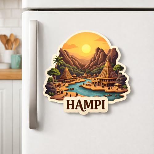 Image of Naxon Hampi City Theme Souvenir Wooden Fridge Magnet | Vijayanagara Ruins & Virupaksha Temple Design 3x3 Inch Refrigerator Magnet for Kitchen & Home Decor | Travel Gift from Hampi | Pack of 1