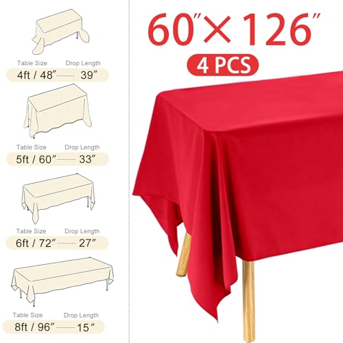 Image of 4 Pack Rectangle Tablecloth 60x126 Inch Red Washable Polyester Table Cover for Wedding Dining Table Buffet Parties Banquet Decoration(Red)