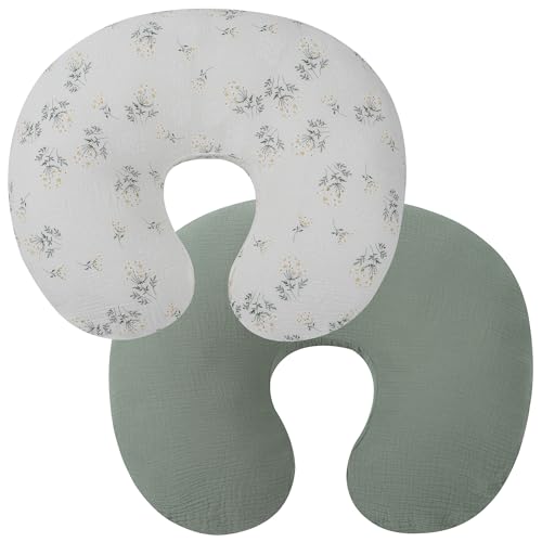 Image of Onacosht Muslin Nursing Pillow Cover 2 Pack 100% Cotton Ultra Soft Breastfeeding Pillow Covers for Baby Boy and Girl, Green and Botanical