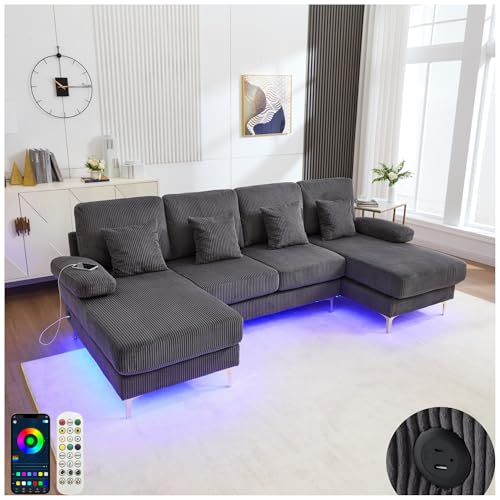 Sapgaks Canapé Moderne en Forme de U avec éclairage d'ambiance LED et Port USB+Type-C,canapé 4 Places avec 4 Coussins Luxueux et Dossier Ergonomique Haut de...
