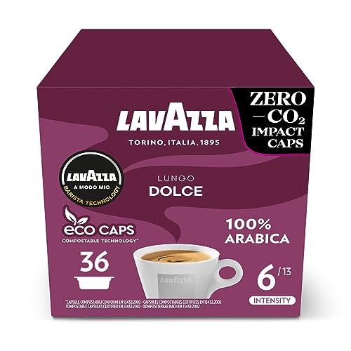 Lavazza A Modo Mio Lungo Dolce, Coffee Capsules, 100% Arabica, Sweet and Smooth Taste, Intensity 6/13, Medium Roasting, Perfect for a 40ml Espresso, Compostable, 36 Espresso Pods