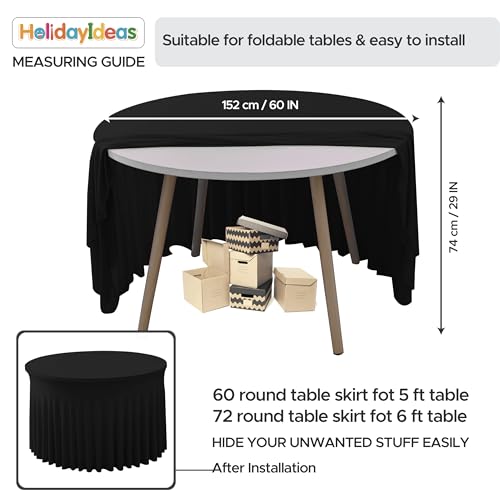 Image of HolidayIdeas 6 Pack Spandex Table Skirt for 60 Inch Round Tables, Black Fitted Stretch Tablecloth for 5 Ft Circular Tables, Wrinkle Resistant Ruffle Design for Wedding Banquets, Parties