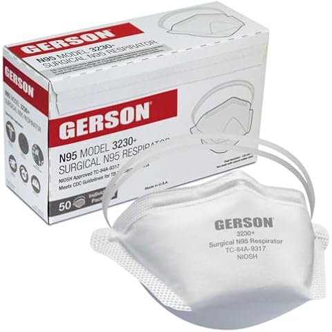 GERSON FDA Cleared Sugical N95 Pouch Respirator (3230+), NIOSH-Approved, Made in U.S.A., One-Size, 50 Respirators/Box, White Cover