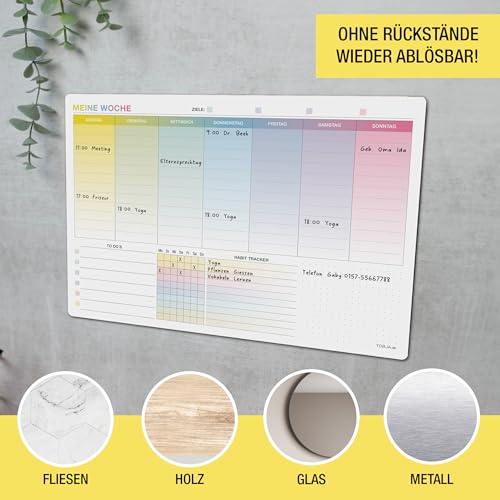 TOBJA Whiteboard Wochenplaner abwischbar A4 Selbstklebender Planer 30 x 21 | Kalender mit To-Do Liste & Habit Tracker | Wiederverwendbarer Wochenplaner für Wand & Kühlschrank (Planer inkl. Stift)