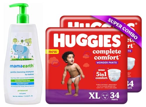 Image of Huggies Complete Comfort Wonder Pants, Extra Large (XL) Size Baby Diaper Pants, Combo Pack of 2, 34 count Per Pack, (68 count) & Mamaearth Gentle Cleansing Natural Baby Shampoo, 400ml (White)