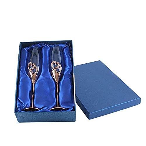 LOVIVER 2 Pièces Flûte à Champagne Cristal Coupe Cœur Gravé Verre à Pied Mariage Design Cristaux Brillants Support Alliage Zinc Plaqué Or Convient pour Célébr, Or rose