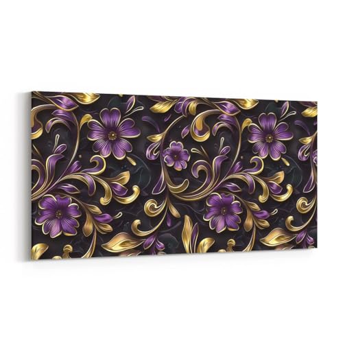 Erosebridal Purple Gold Floral Large Canvas Wall Art 58"X29" Gorgeous Glitter Artwork for Kids Boys Girls Women Exotic Royal Flower Wall Art Painting Vintage Elegant Plants Poster