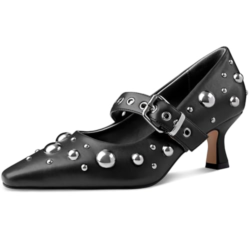Oh Mispares Kitten Heels for Women Pointed Toe Mary Jane Low Heel Dress Shoes Studded Buckle Strap Pumps Fashion Closed Toe 2 Inch Heels FBM Parent