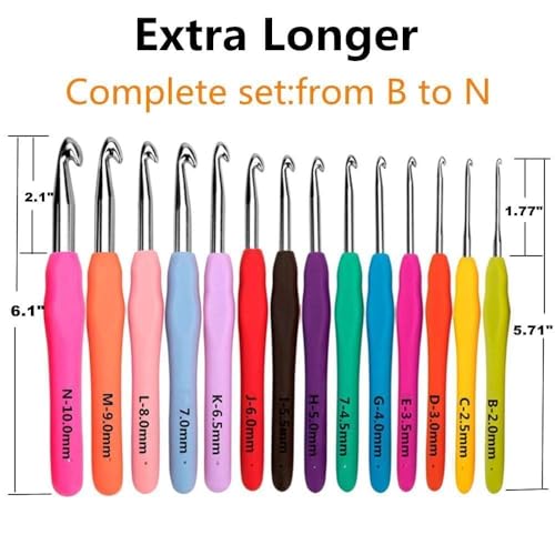 Image of Yarniss Crochet Hooks,14 Size Crochet Set 2mm(B)-10mm(N), Ergonomic Crochet Hooks Set with Case for Beginner,Long Crochet Needles (Pack of 2)