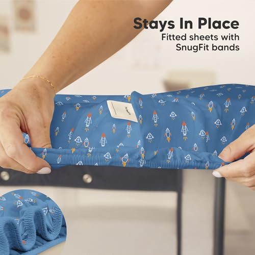 Image of 2pk Mini Crib Sheets Fitted 38x26 Pack N Play Mattress Sheet (Space Quest) | Organic Cotton Sheets for Pack and Play Mattress, Soft, Breathable Playard Bedding Sheet, Mini Toddler Bed Cover, Boys, Girls