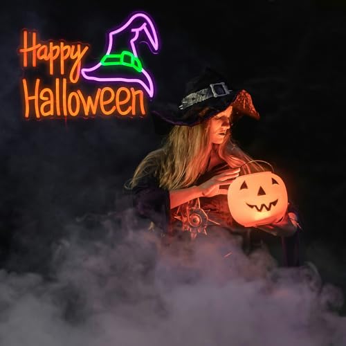 Image of Happy Halloween Neon Sign Mysterious Purple Green Hat LED Neon Light for Wall Decor Dimmable USB Powered Halloween Light Up Sign for Halloween Decor Home Spooky Party bedroom Decor(16.5 * 12.6 In)