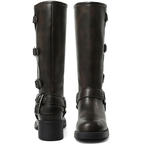 Image of AMINUGAL Knee High Boots Women Square Toe Pull On Wide Calf Riding Fashion Buckles Chunky Metallic Casual Vintage Buckle Rivet