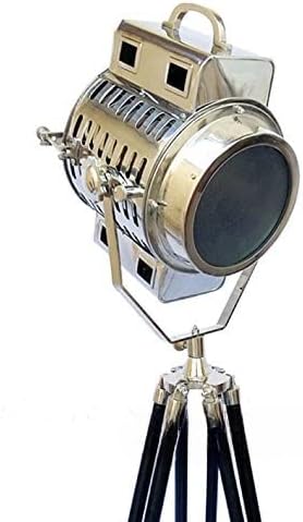 Nauticamart Marine Vintage Chrome Search Light Wooden Tripod Floor Lamp