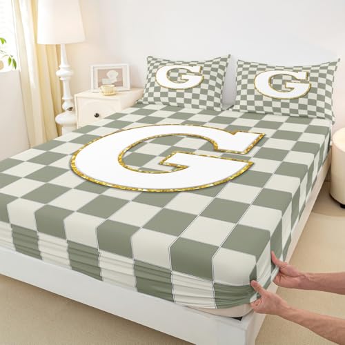 Image of Erosebridal Sage Green Checkered Bed Sheets King Plaid Initial G Sheet Set Personalized Monogram Bedding Set for Kids Boys Girls,Fashion Grids Gingham Fitted Flat Sheets 4 Piece