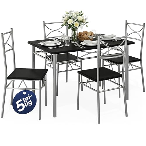 Casaria® Ensemble Table à Manger avec 4 chaises Noir Ensemble de Meubles 5 pièces pour Salle à Manger Cuisine en métal laqué MDF