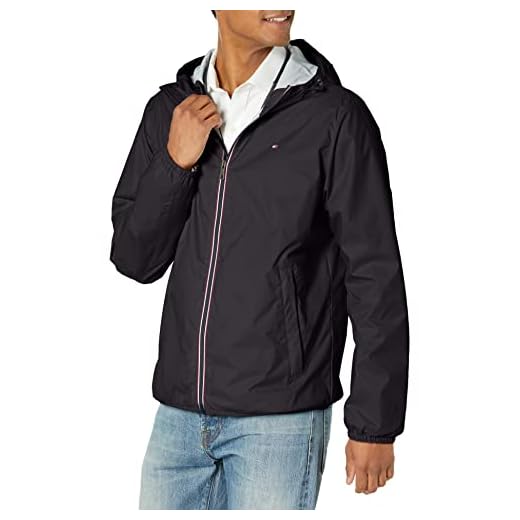 Tommy Hilfiger Jaqueta de chuva masculina leve e resistente à água com capuz, Preto, XXG