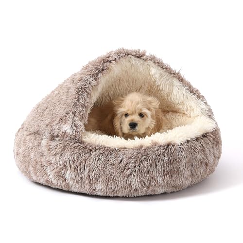 NOYAL Round Hooded Donut Dog Bed for Small & Medium Pets - Plush Fluffy Anti-Anxiety Cat Cave Bed with Cover