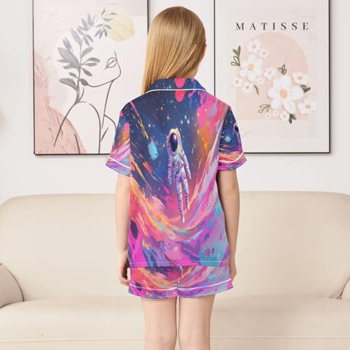 ALAZA Astronaut Colorful Satin Pajamas Set Short Sleeve Button Down Sleepwear Summer Pjs 2 Piece4