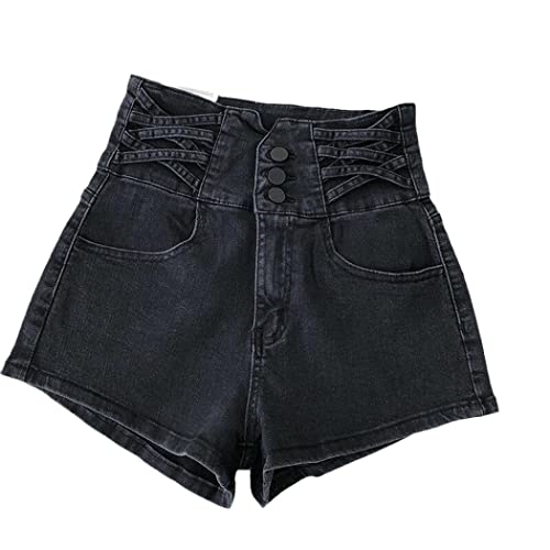 Short en jean femme taille haute retro noir delave S