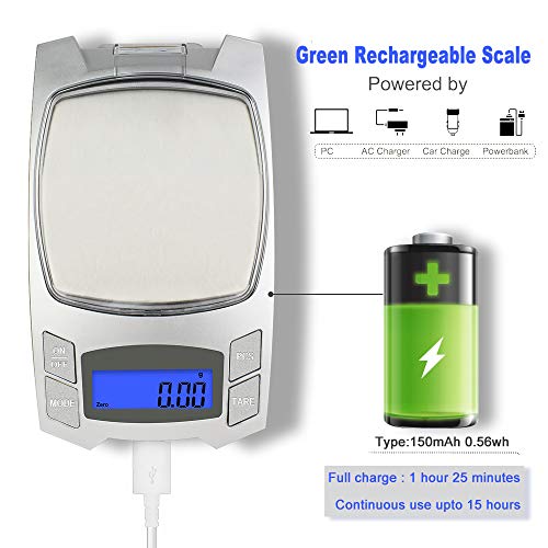 500g x 0.01g Digital Milligram Scale Rechargeable Scales for Jewelry Power Weighing, Mini LCD Pocket Lab scale (Silver)