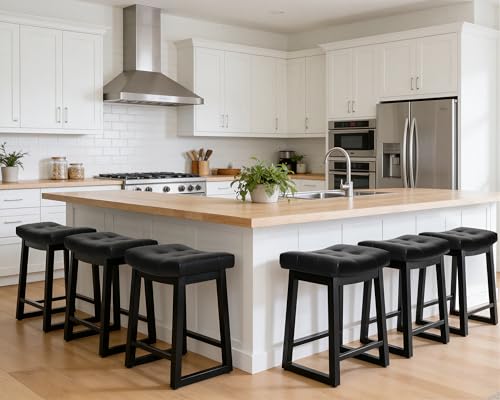 Image of Counter Height Bar Stools Set of 6, 24 Inch Backless Upholstered Leather Counter Stools with Wood Legs, Modern Farmhouse Saddle Stools for Kitchen Island, Home Bar, Black