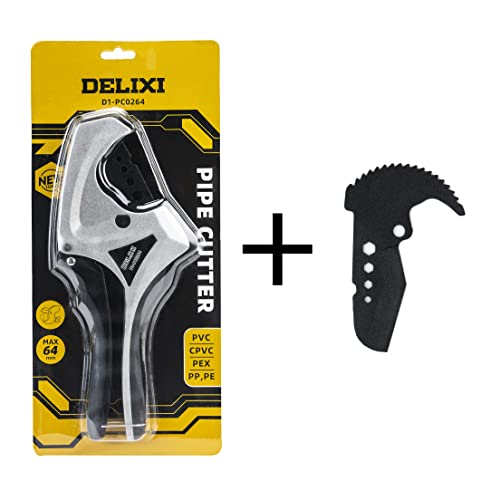 Delixi Pvc Pipe Cutter With Extra Blade, 2-1/2", Pvc Cutter Ratchet-Type Pipe Cutter,Plastic Pipe Cutter, Pex Ppr,Hoses And Plumbing Pipes With Hex Hole #TOP5