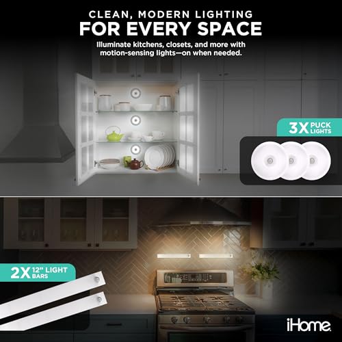 Image of iHome Rechargeable Auto Sensing Light Bars, Motion Sensor, Dimmable, Auto /Always-On Modes, Easy Installation (5-Pack (2 Light Bars & 3 Puck))