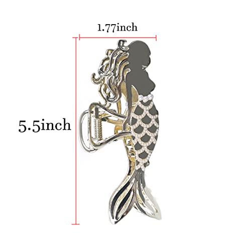 Gold Hair Clips Mermaid Shape Hair Claw Clip With Glitter Rhinestones Fashion Large Metal Hair Claw Clips Nonslip Hollow Hair Jaw Clamp Clips For Women Thick Hair Thin Hair Hairstyling Hair Accessories #TOP5