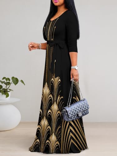 Image of Maxi Dress for Women with Sleeves, Empire Waist Dress | A-line shape, self-tie belt, side pockets and pull-on design; stretch fabric for church, work and casual wear