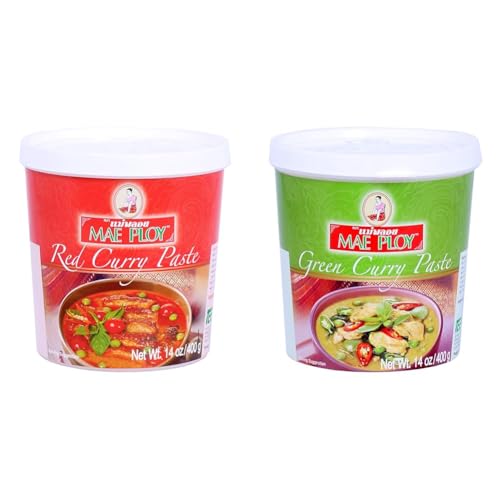Mae Ploy Thai Curry Paste Bundle - Red and Green Authentic Thai Curry Paste for Traditional Curries and Dishes (14oz Tubs)
