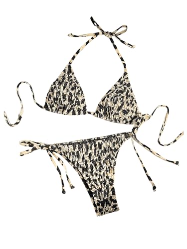 GORGLITTER Women's Leopard Print Swimsuit Halter Tie Neck Triangle Tie Side Bikini Set 2 Piece Sexy Swimwear Khaki Small